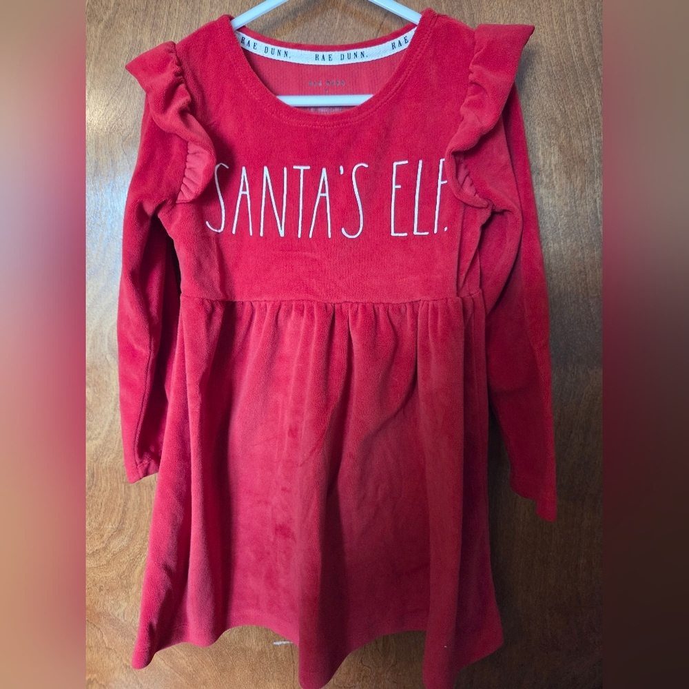 Rae Dunn Red "Santa's Elf" Velvet Dress with Ruffle Shoulders